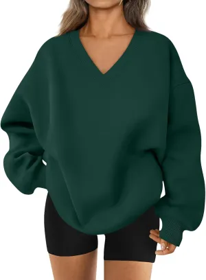 Fleece V Neck Sweatshirt Women Plain Drop Shoulder Oversized Sweatshirts Casual Baggy Comfy Soft Cotton Pullover Tops