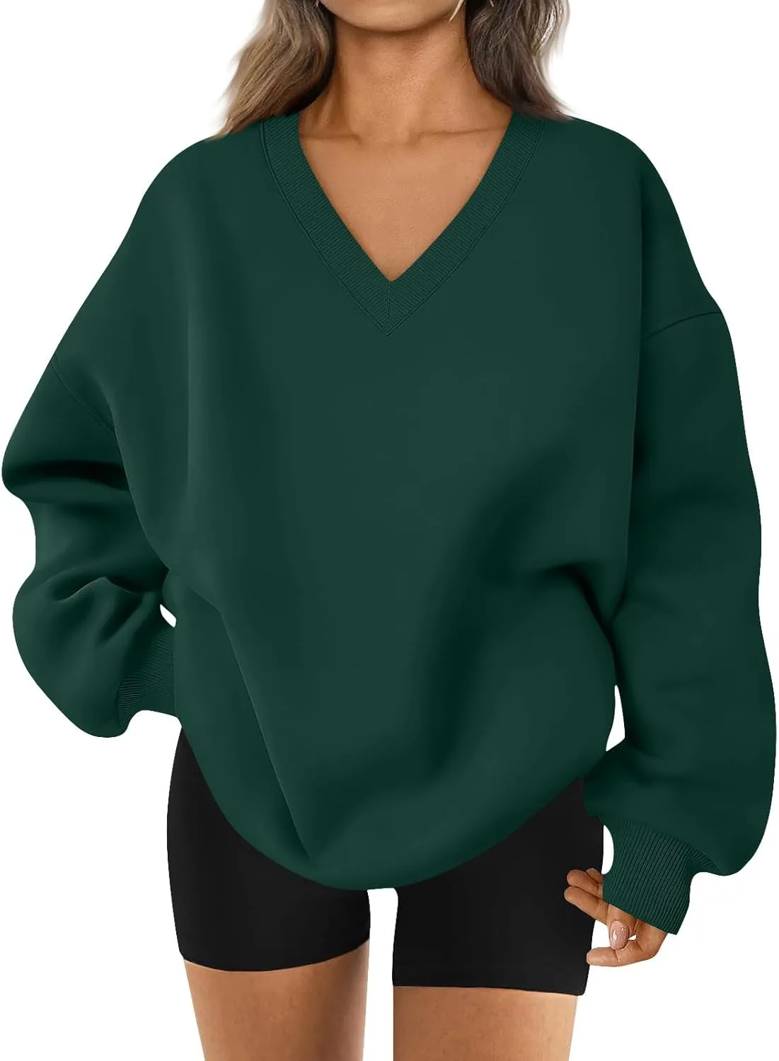 Fleece V Neck Sweatshirt Women Plain Drop Shoulder Oversized Sweatshirts Casual Baggy Comfy Soft Cotton Pullover Tops