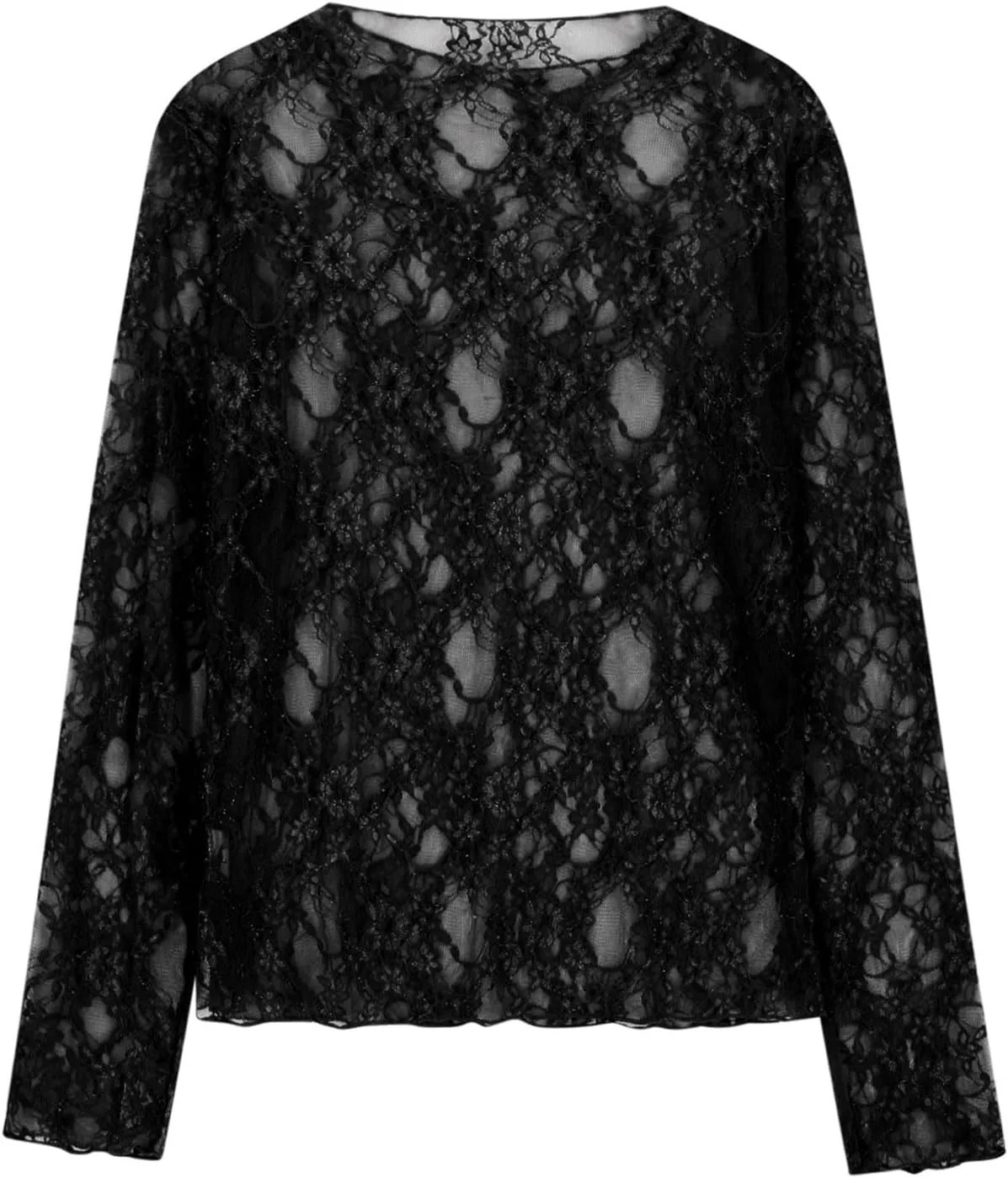 Floral Lace Tops for Women Mesh Long Sleeve Shirts Thumb Hole Mock Neck Sexy Sheer Blouse for Party Club Night Y2K Tee