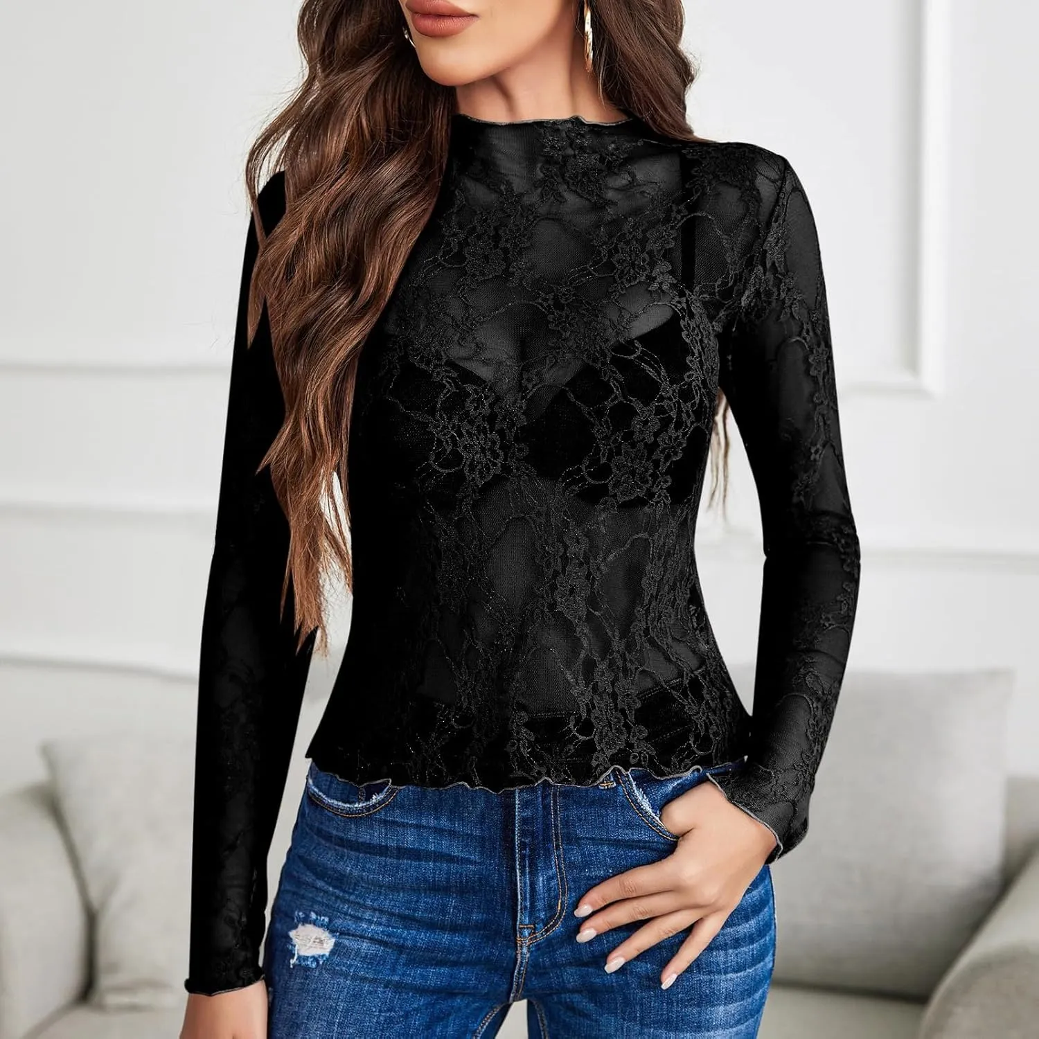 Floral Lace Tops for Women Mesh Long Sleeve Shirts Thumb Hole Mock Neck Sexy Sheer Blouse for Party Club Night Y2K Tee
