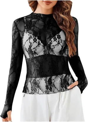 Floral Lace Tops for Women Mesh Long Sleeve Shirts Thumb Hole Mock Neck Sexy Sheer Blouse for Party Club Night Y2K Tee