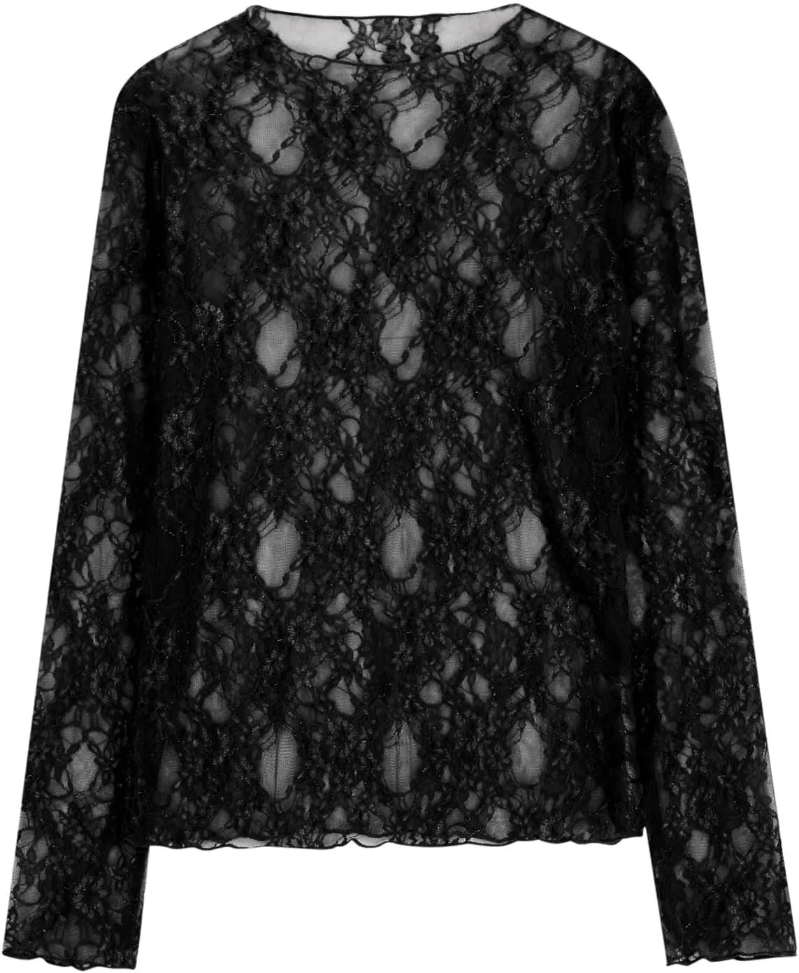 Floral Lace Tops for Women Mesh Long Sleeve Shirts Thumb Hole Mock Neck Sexy Sheer Blouse for Party Club Night Y2K Tee