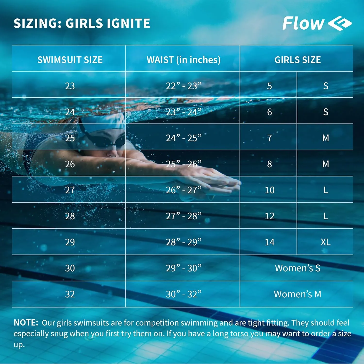 Flow Ignite Swimsuit for Girls - Size 23 to 32 One Piece Athletic Swim Suit for Team Practice and Competition Swimming