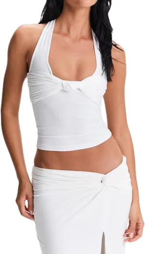 FOMOYUU Women's Y2K Sexy Halter Tops Knot Front Sleeveless Crop Tank Top Slim Fitted Backless Tanks Summer Going Out Vest