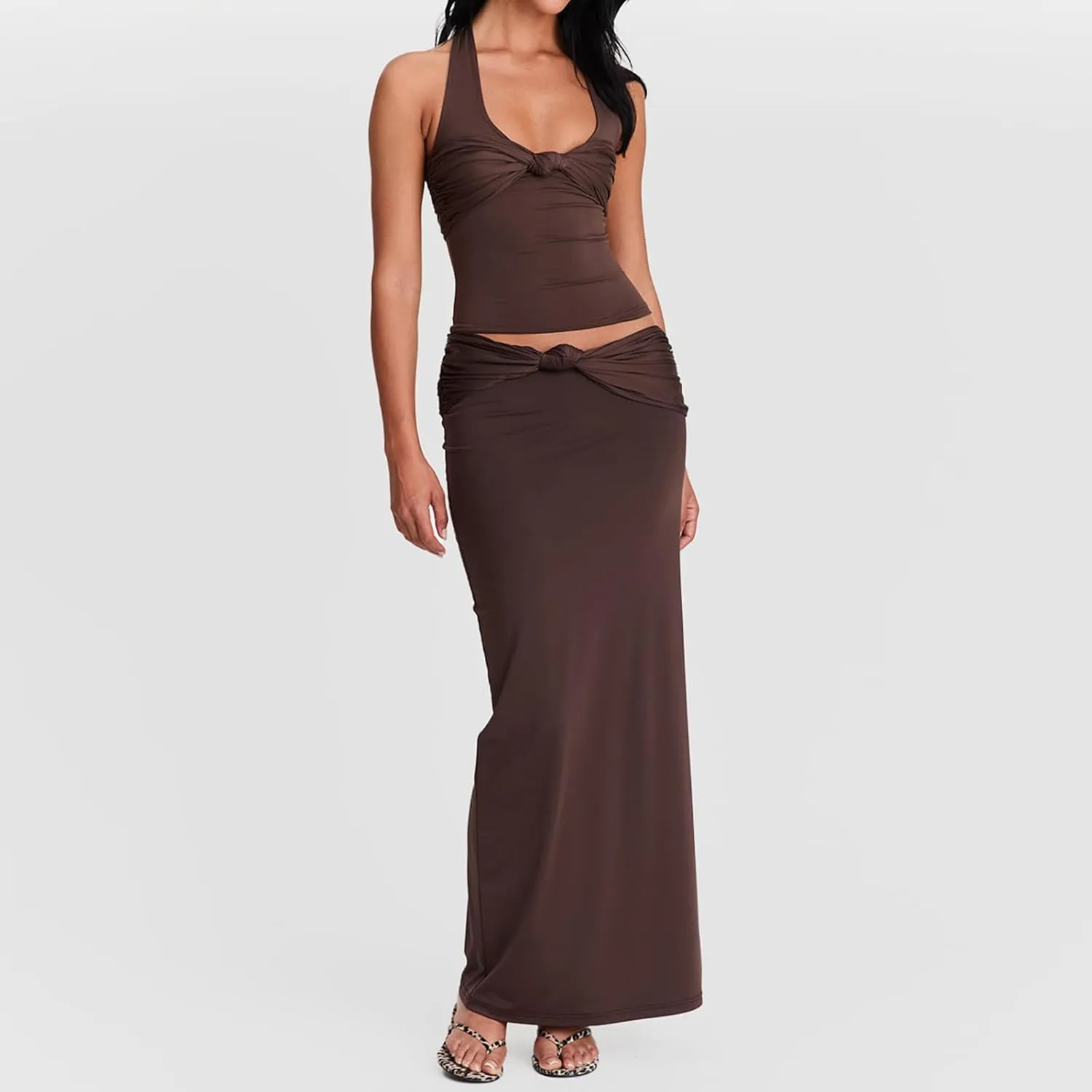 FOMOYUU Women's Y2K Sexy Halter Tops Knot Front Sleeveless Crop Tank Top Slim Fitted Backless Tanks Summer Going Out Vest
