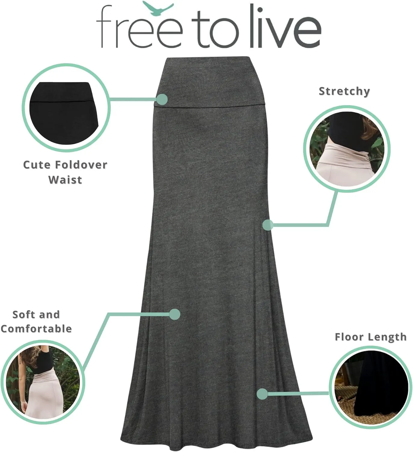 Free to Live 3 Pack Long Skirts for Women Fall Stretchy Flowy Maxi Skirt Dressy Casual for Work, Soft Fold Over High Waisted