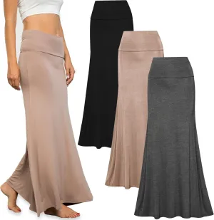 Free to Live 3 Pack Long Skirts for Women Fall Stretchy Flowy Maxi Skirt Dressy Casual for Work, Soft Fold Over High Waisted