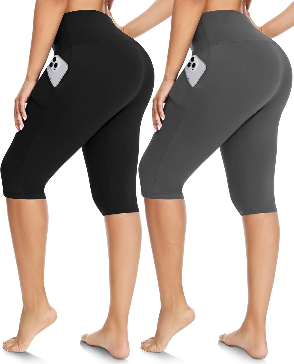 FULLSOFT 2 Pack Women's Knee-Length Leggings -High Waist Capri Biker Shorts -Workout Casual Summer Yoga Leggings