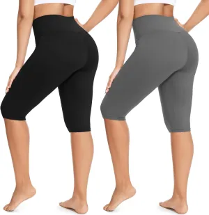FULLSOFT 2 Pack Women's Knee-Length Leggings -High Waist Capri Biker Shorts -Workout Casual Summer Yoga Leggings