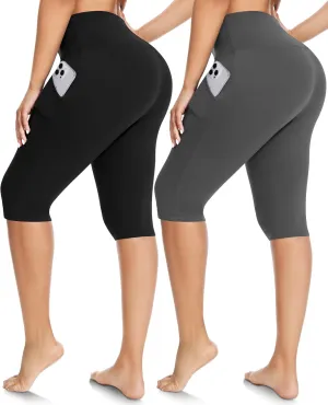 FULLSOFT 2 Pack Women's Knee-Length Leggings -High Waist Capri Biker Shorts -Workout Casual Summer Yoga Leggings