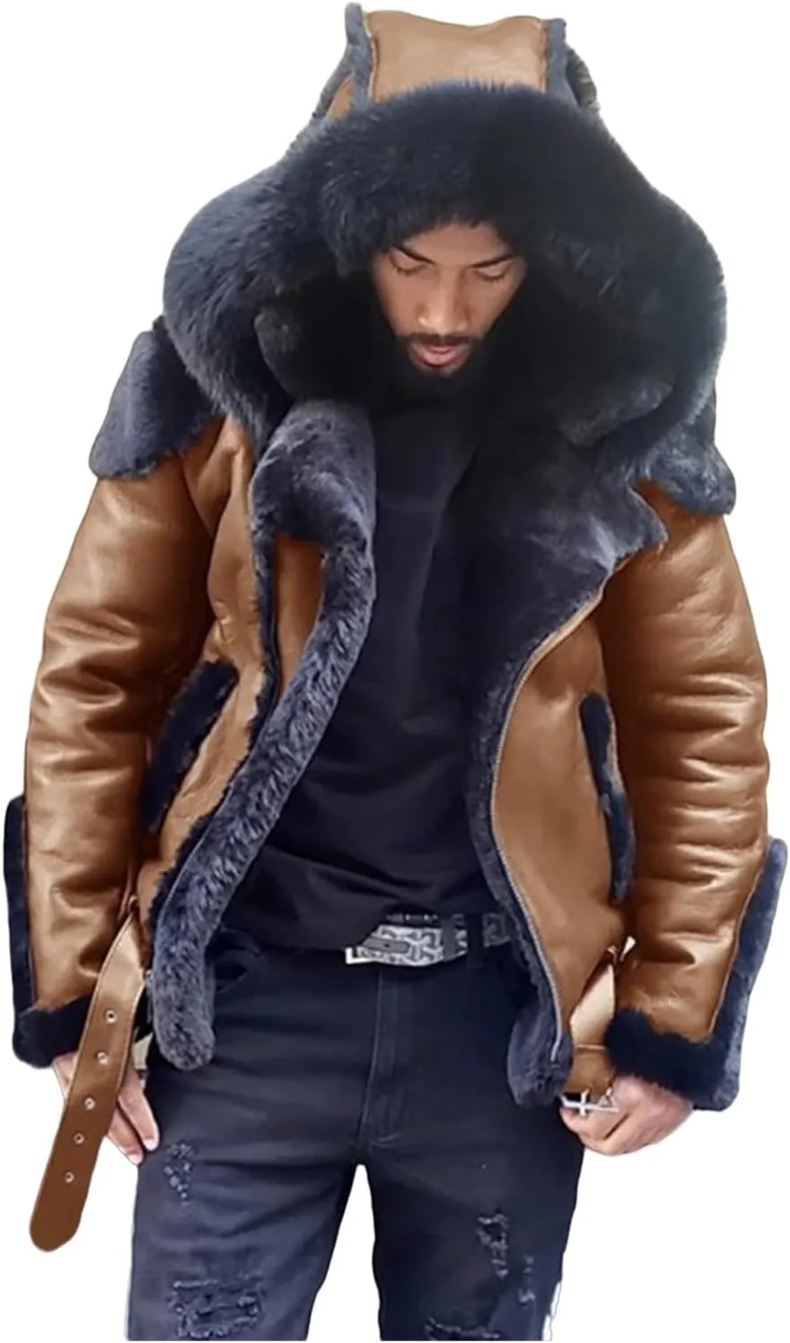Fur Coat Men Fleece Lined Leather Jackets Zip Up Motorcycle Jacket Warm Winter Coats Outdoor Work Outwear with Hood