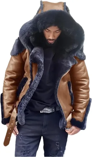Fur Coat Men Fleece Lined Leather Jackets Zip Up Motorcycle Jacket Warm Winter Coats Outdoor Work Outwear with Hood