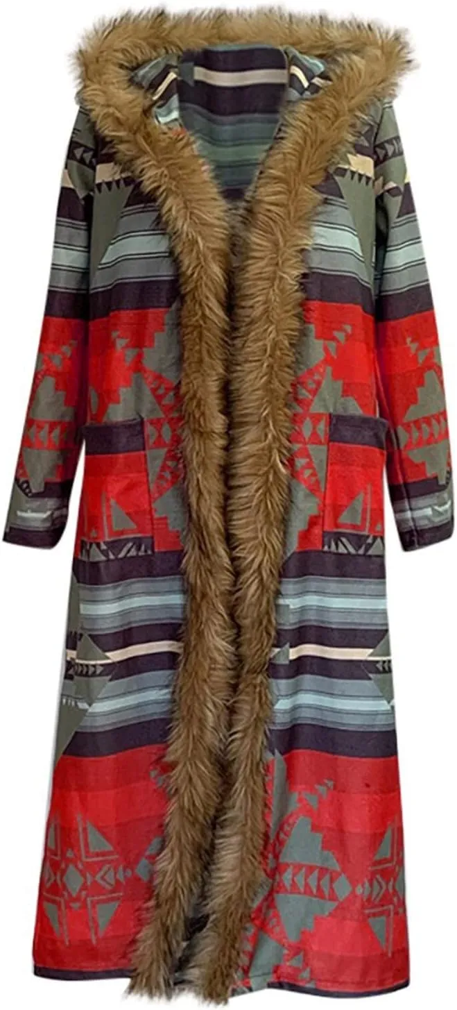 Fur Neck Coats for Women Ethnic Long Jackets Geometric Pattern Overcoats Long Sleeve Cardigan Coats