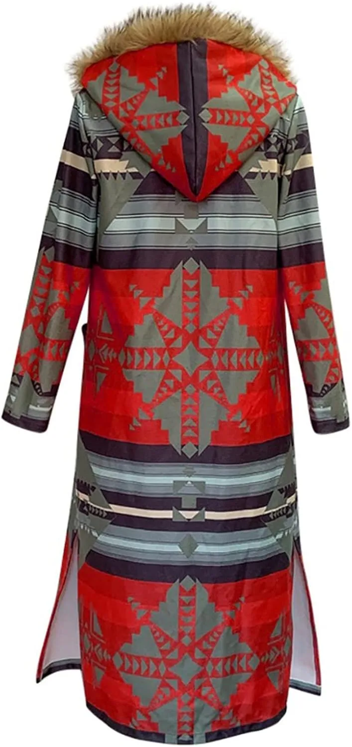 Fur Neck Coats for Women Ethnic Long Jackets Geometric Pattern Overcoats Long Sleeve Cardigan Coats