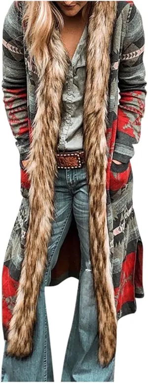 Fur Neck Coats for Women Ethnic Long Jackets Geometric Pattern Overcoats Long Sleeve Cardigan Coats