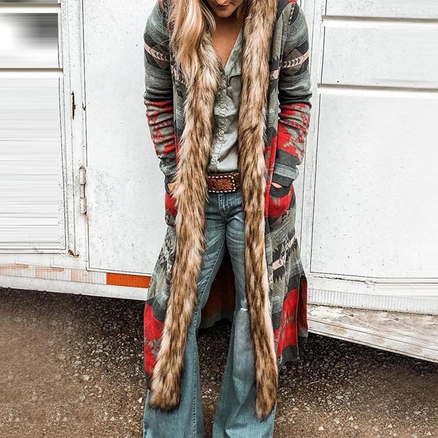 Fur Neck Coats for Women Ethnic Long Jackets Geometric Pattern Overcoats Long Sleeve Cardigan Coats