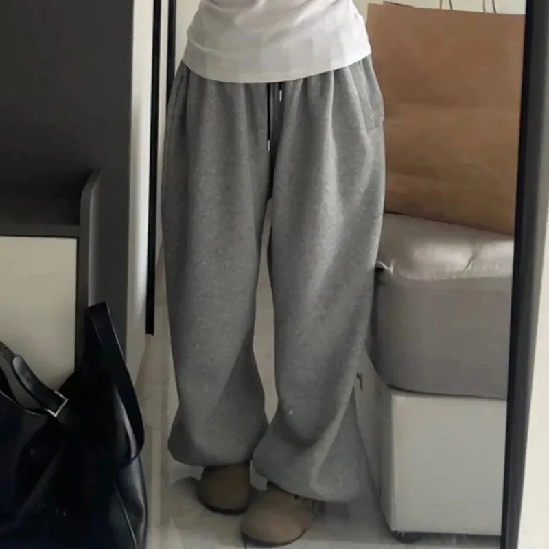 Getadme Fleece American Casual Sweatpants Winter Y2k Oversize Loose Thicken Women High-waisted Slim Flesh-shielding Baggy Wide-leg Pants