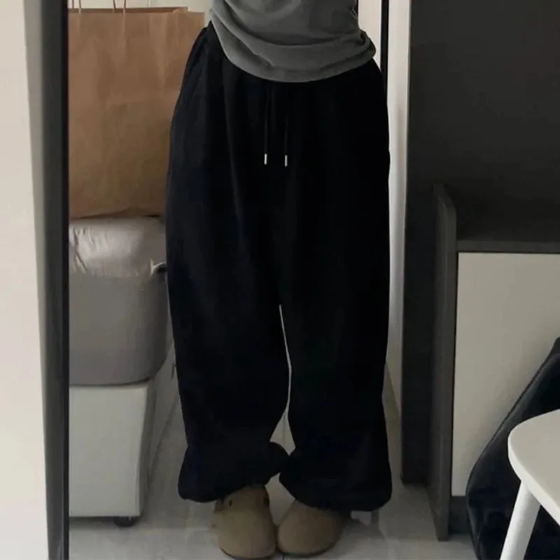 Getadme Fleece American Casual Sweatpants Winter Y2k Oversize Loose Thicken Women High-waisted Slim Flesh-shielding Baggy Wide-leg Pants
