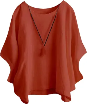 GORIFE Women's Casual Crew Neck Batwing 3/4 Short Sleeve Loose Tunic Pullover Summer Solid Color Cotton Linen T-shirt Tunic
