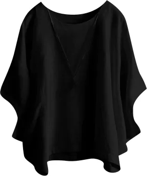 GORIFE Women's Casual Crew Neck Batwing 3/4 Short Sleeve Loose Tunic Pullover Summer Solid Color Cotton Linen T-shirt Tunic