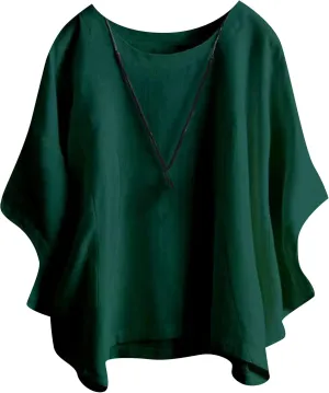 GORIFE Women's Casual Crew Neck Batwing 3/4 Short Sleeve Loose Tunic Pullover Summer Solid Color Cotton Linen T-shirt Tunic