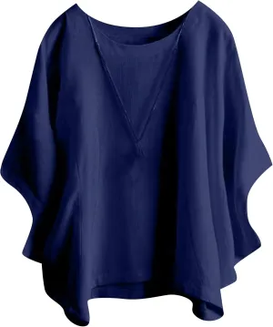 GORIFE Women's Casual Crew Neck Batwing 3/4 Short Sleeve Loose Tunic Pullover Summer Solid Color Cotton Linen T-shirt Tunic