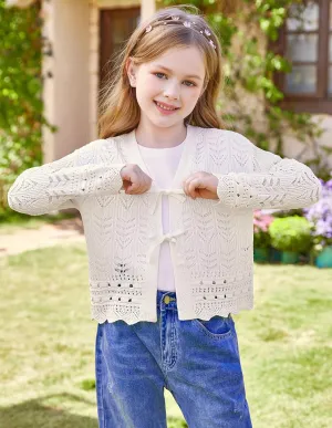 GRACE KARIN Girls Long Sleeve Cardigan Sweater Tie Front Bow V Neck Crochet Knit Lightweight Shrug 5-12 Years