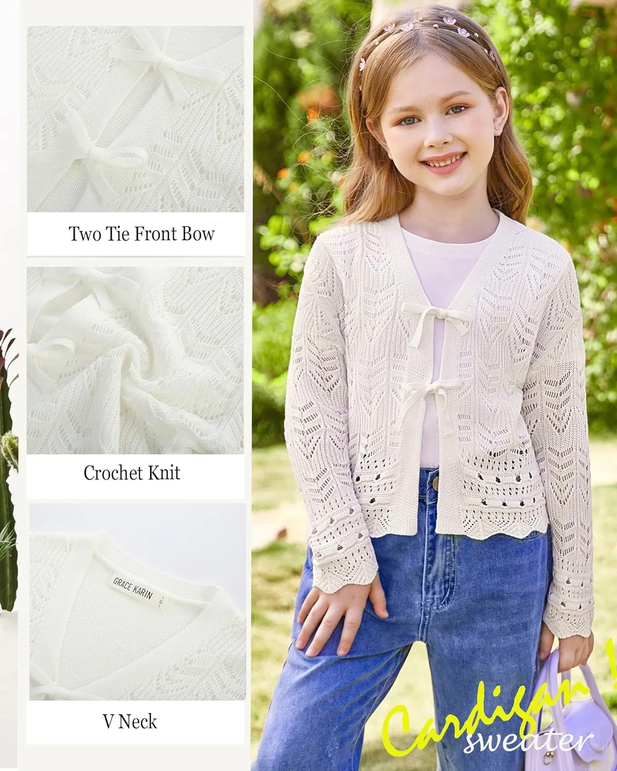 GRACE KARIN Girls Long Sleeve Cardigan Sweater Tie Front Bow V Neck Crochet Knit Lightweight Shrug 5-12 Years