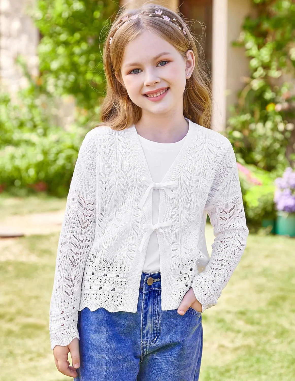 GRACE KARIN Girls Long Sleeve Cardigan Sweater Tie Front Bow V Neck Crochet Knit Lightweight Shrug 5-12 Years
