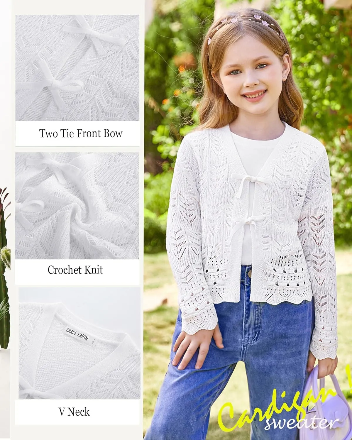 GRACE KARIN Girls Long Sleeve Cardigan Sweater Tie Front Bow V Neck Crochet Knit Lightweight Shrug 5-12 Years