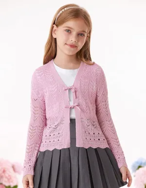 GRACE KARIN Girls Long Sleeve Cardigan Sweater Tie Front Bow V Neck Crochet Knit Lightweight Shrug 5-12 Years