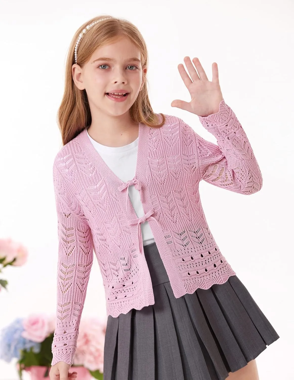 GRACE KARIN Girls Long Sleeve Cardigan Sweater Tie Front Bow V Neck Crochet Knit Lightweight Shrug 5-12 Years