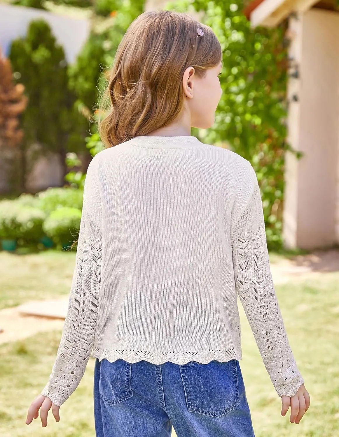 GRACE KARIN Girls Long Sleeve Cardigan Sweater Tie Front Bow V Neck Crochet Knit Lightweight Shrug 5-12 Years