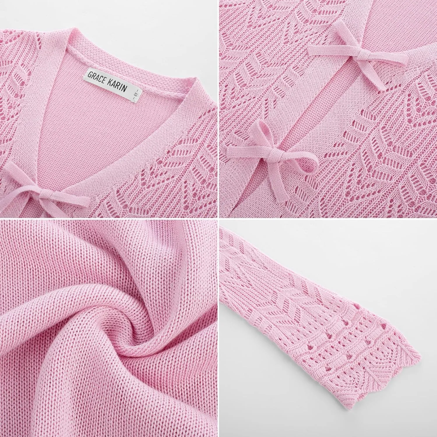 GRACE KARIN Girls Long Sleeve Cardigan Sweater Tie Front Bow V Neck Crochet Knit Lightweight Shrug 5-12 Years