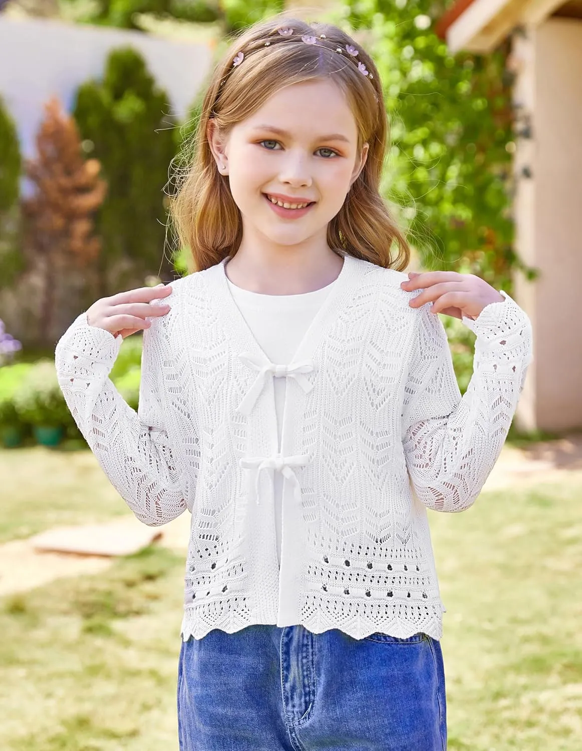 GRACE KARIN Girls Long Sleeve Cardigan Sweater Tie Front Bow V Neck Crochet Knit Lightweight Shrug 5-12 Years