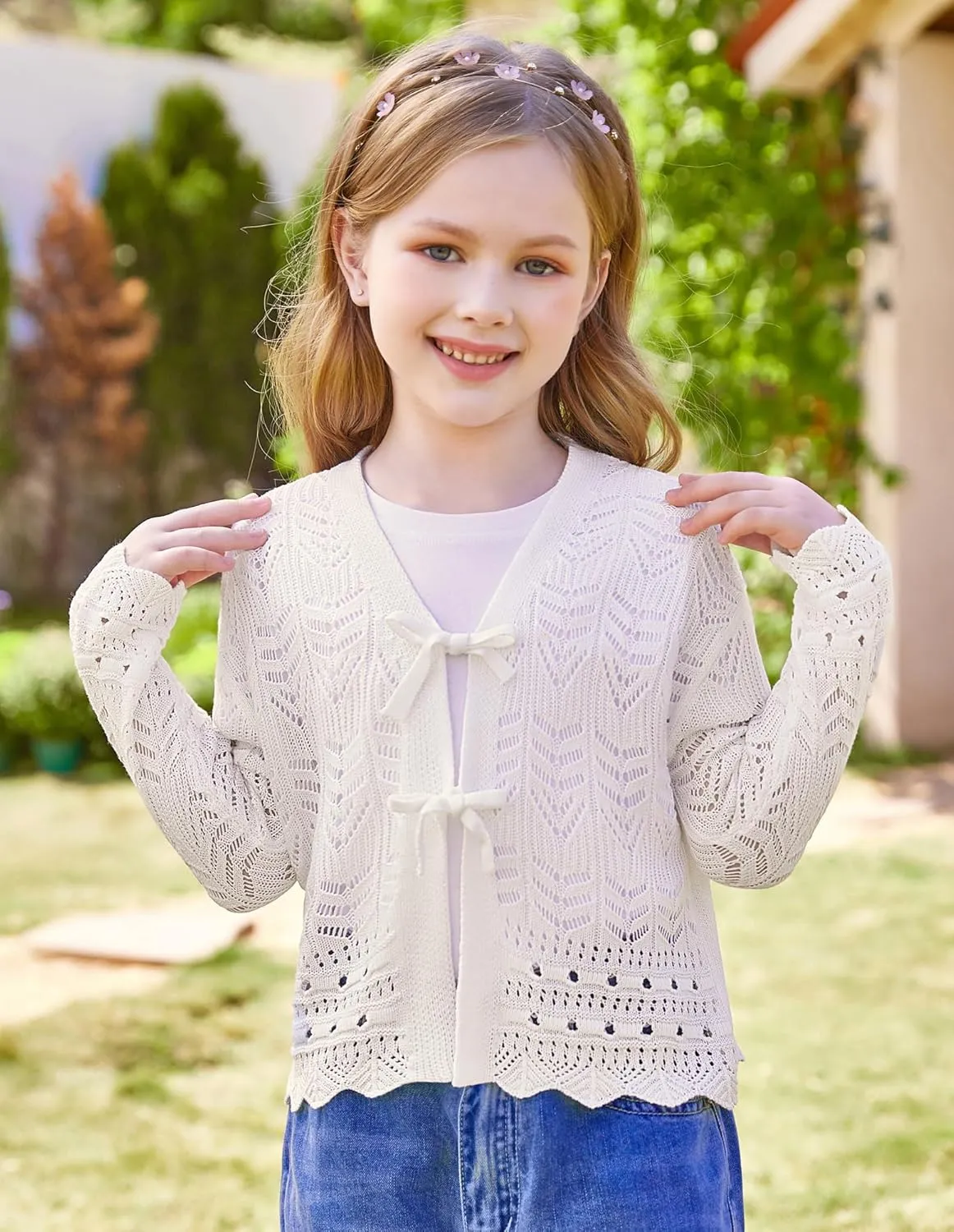 GRACE KARIN Girls Long Sleeve Cardigan Sweater Tie Front Bow V Neck Crochet Knit Lightweight Shrug 5-12 Years