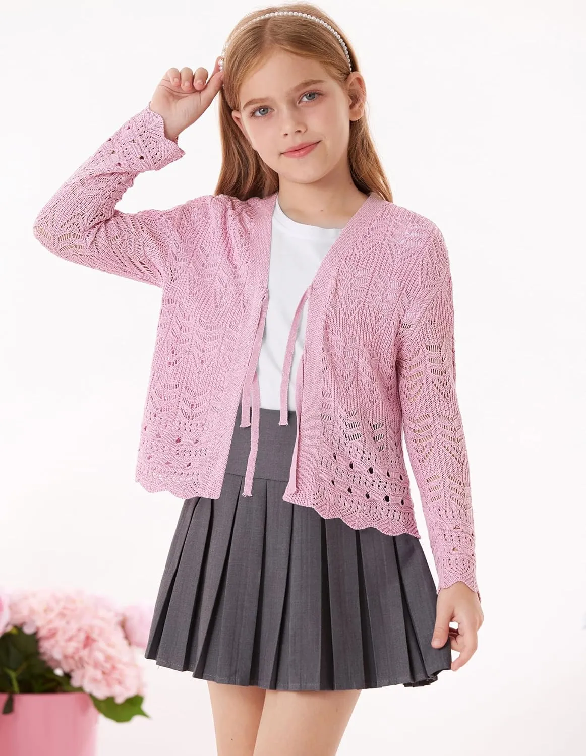 GRACE KARIN Girls Long Sleeve Cardigan Sweater Tie Front Bow V Neck Crochet Knit Lightweight Shrug 5-12 Years