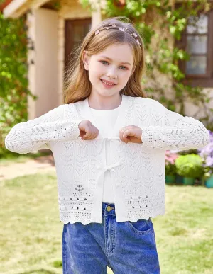 GRACE KARIN Girls Long Sleeve Cardigan Sweater Tie Front Bow V Neck Crochet Knit Lightweight Shrug 5-12 Years