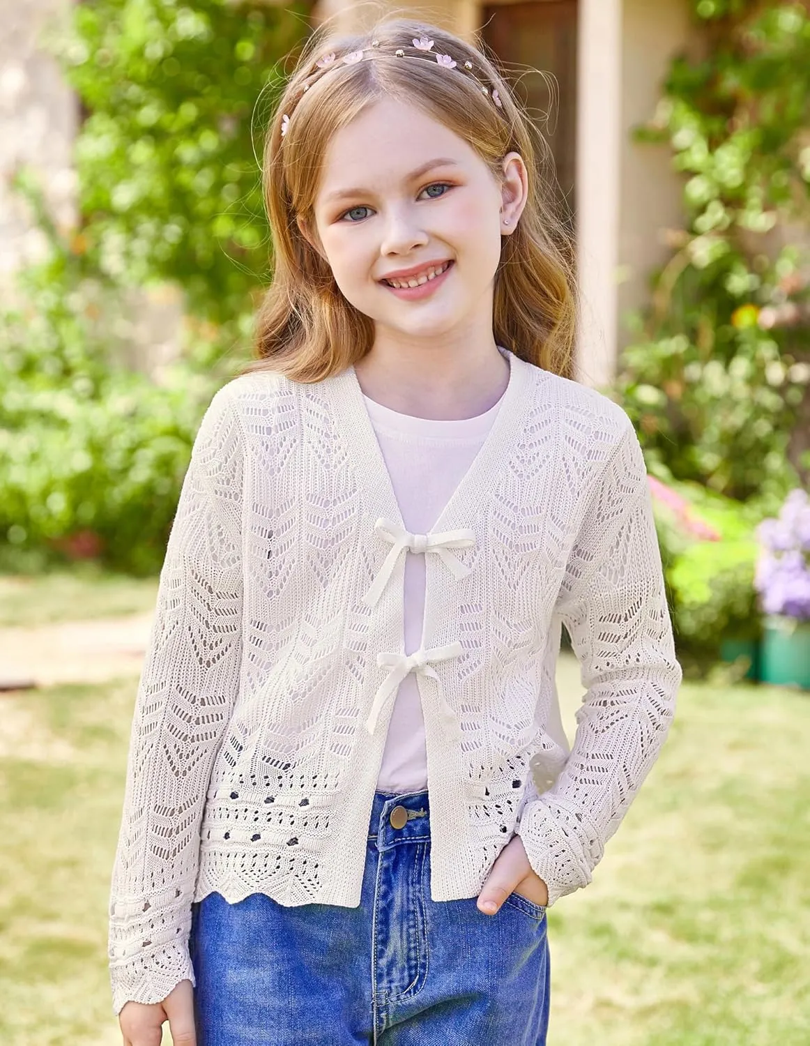 GRACE KARIN Girls Long Sleeve Cardigan Sweater Tie Front Bow V Neck Crochet Knit Lightweight Shrug 5-12 Years
