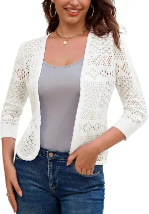 GRACE KARIN Women's 3/4 Sleeve Open Front Cropped Cardigan Summer Lightweight Hollow Out Knit Shrug