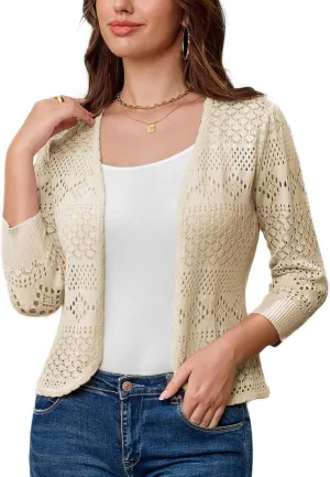 GRACE KARIN Women's 3/4 Sleeve Open Front Cropped Cardigan Summer Lightweight Hollow Out Knit Shrug
