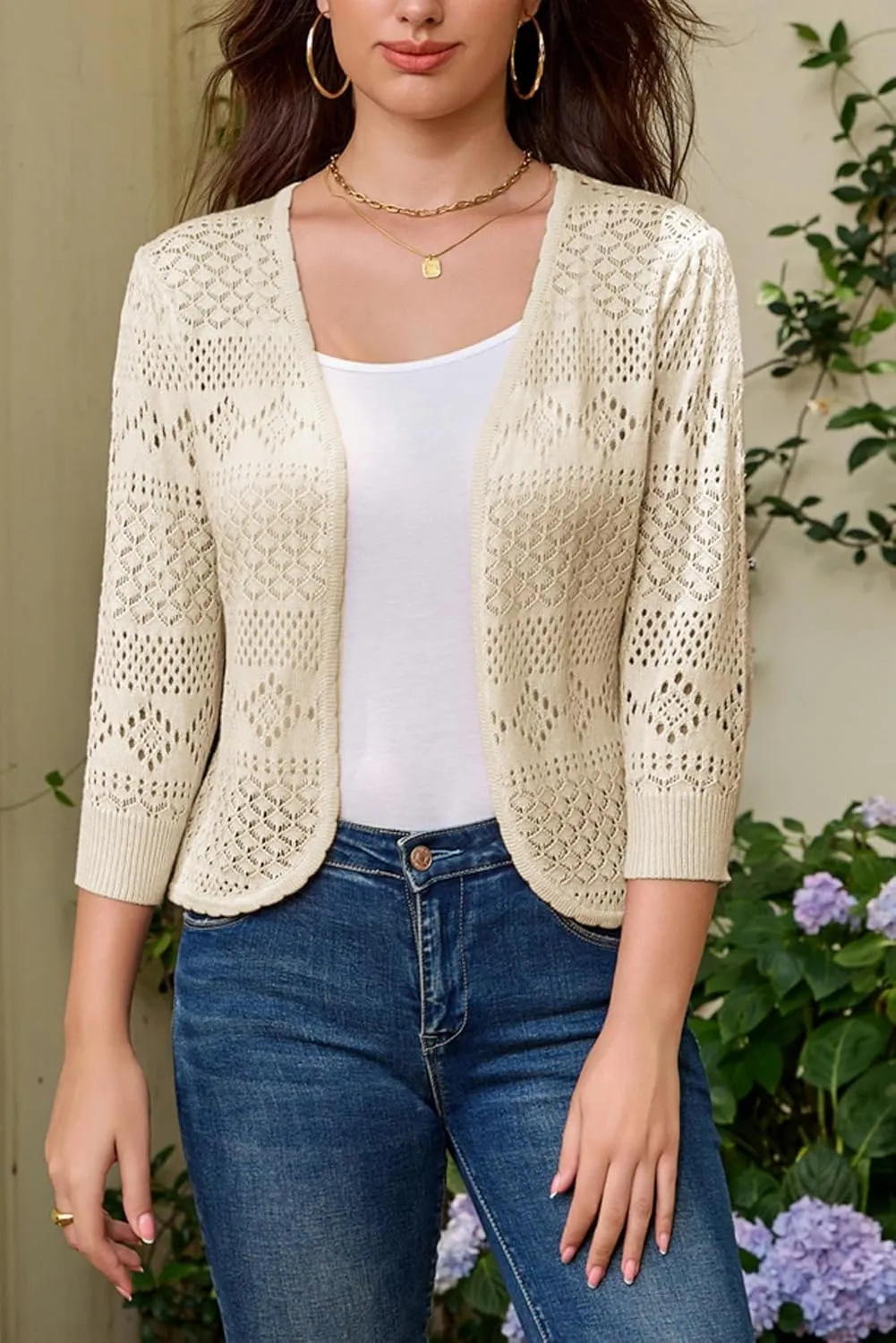 GRACE KARIN Women's 3/4 Sleeve Open Front Cropped Cardigan Summer Lightweight Hollow Out Knit Shrug