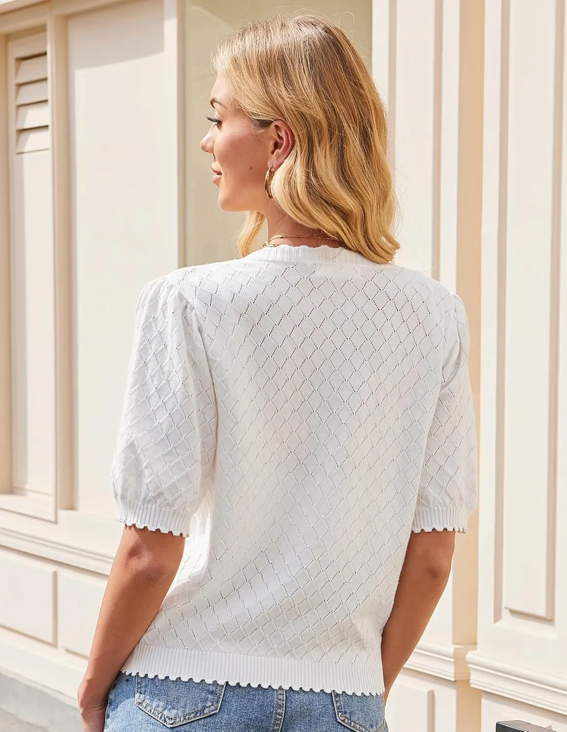 GRACE KARIN Women's Puff Short Sleeve Cardigan Tops 2025 Summer Lightweight Crew Neck Button Down Knit Sweater Blouses