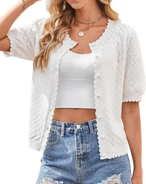 GRACE KARIN Women's Puff Short Sleeve Cardigan Tops 2025 Summer Lightweight Crew Neck Button Down Knit Sweater Blouses