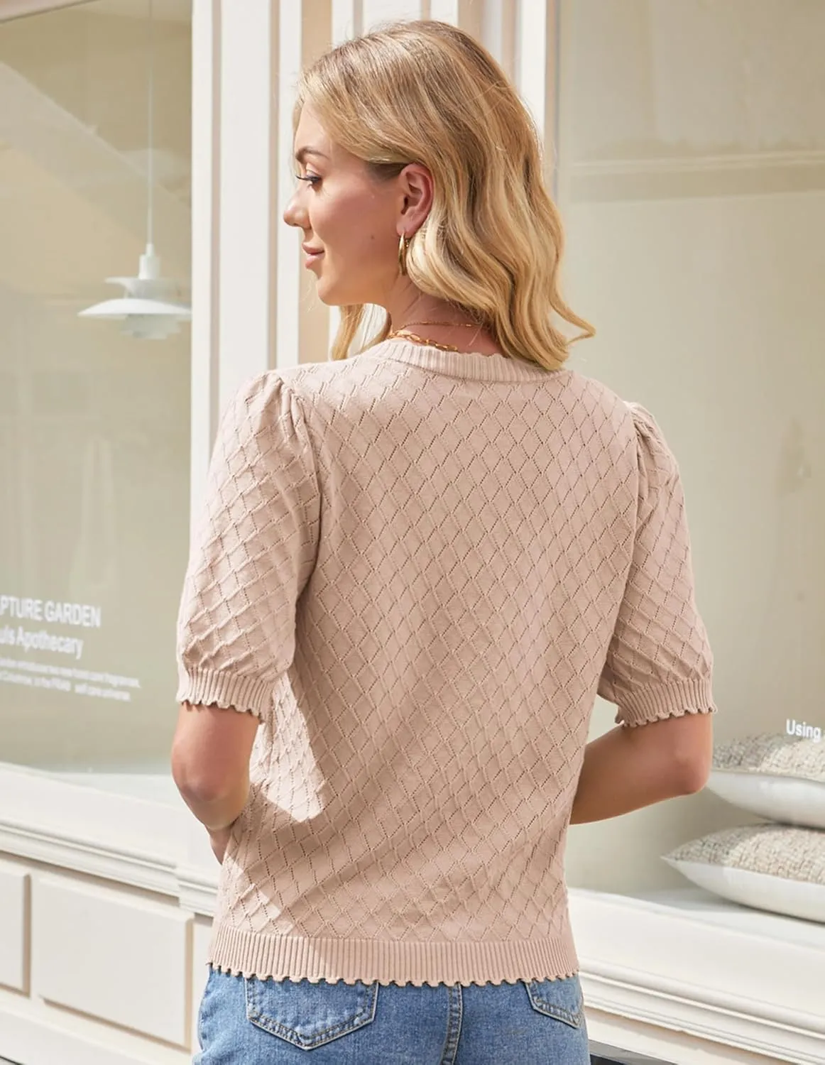 GRACE KARIN Women's Puff Short Sleeve Cardigan Tops 2025 Summer Lightweight Crew Neck Button Down Knit Sweater Blouses