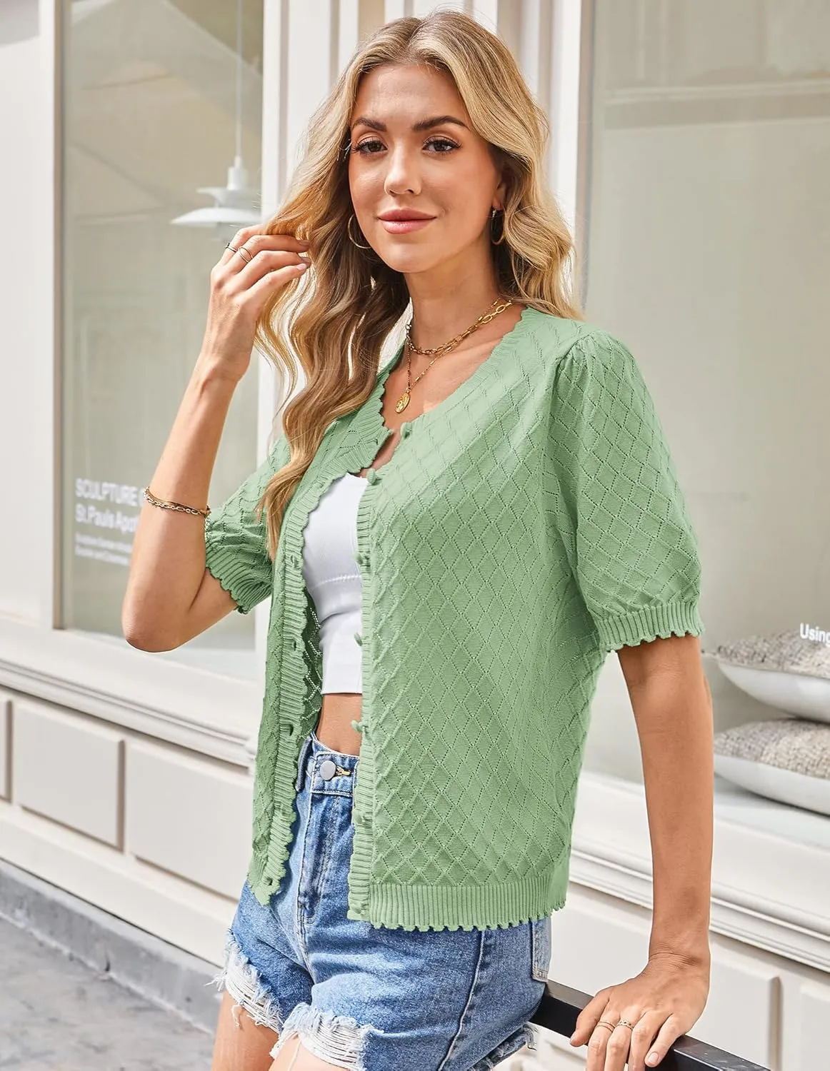 GRACE KARIN Women's Puff Short Sleeve Cardigan Tops 2025 Summer Lightweight Crew Neck Button Down Knit Sweater Blouses