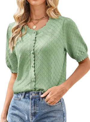 GRACE KARIN Women's Puff Short Sleeve Cardigan Tops 2025 Summer Lightweight Crew Neck Button Down Knit Sweater Blouses