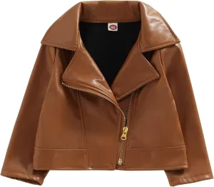 Gueuusu Toddler Kids Baby Boy Girl Faux Leather Jackets Long Sleeve Lapel Zip Up Moto Biker Coat Jackets Spirng Fall Outwear