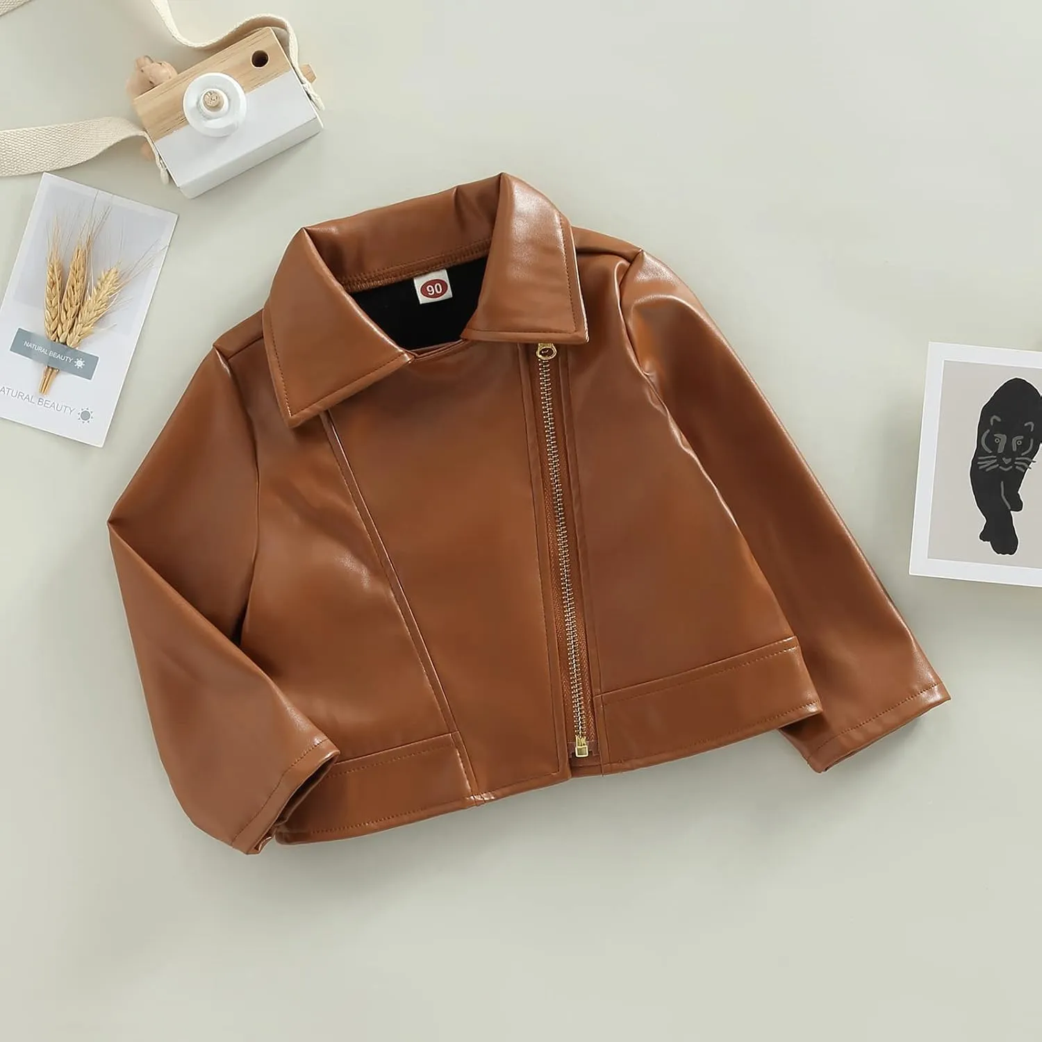 Gueuusu Toddler Kids Baby Boy Girl Faux Leather Jackets Long Sleeve Lapel Zip Up Moto Biker Coat Jackets Spirng Fall Outwear