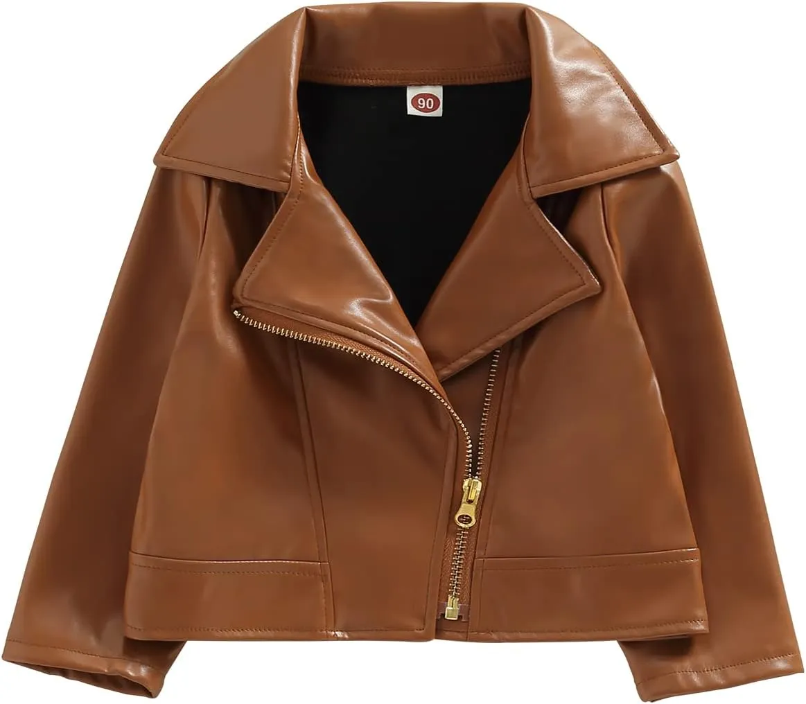 Gueuusu Toddler Kids Baby Boy Girl Faux Leather Jackets Long Sleeve Lapel Zip Up Moto Biker Coat Jackets Spirng Fall Outwear